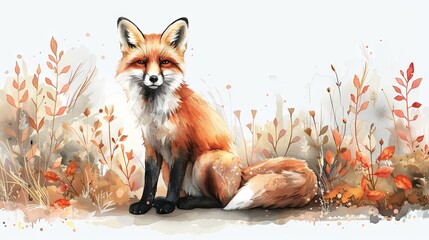 Wall Mural - Watercolor illustration of a fox sitting on the ground, surrounded by autumn florals.