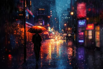 Wall Mural - Night city street with rain and distant lights, a single silhouette walking away in the illuminated alley