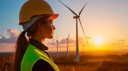 young engineer in a helmet against the background of a field with windmills