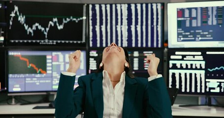 Canvas Print - Woman, face and trading success with computer for stock market, finance bonus and investment achievement. Trader, digital or cryptocurrency celebration for winner, profit growth and promotion victory