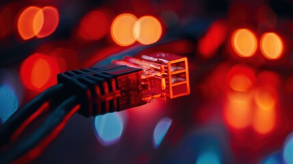 Poster - Close-up of an ethernet connector with a blurry red and blue background