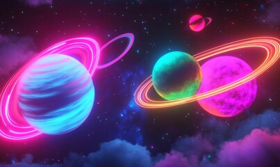 Against a dark background, a bright digital illustration features geometric shapes symbols rays stars planets numbers and letters in neon colors