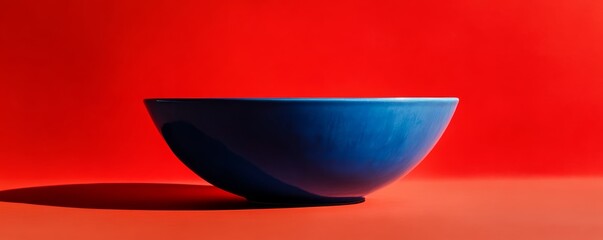 Poster - Blue ceramic bowl on red background, minimalistic art concept