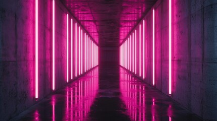 The illustration depicts a narrow tunnel with vibrant pink neon lights creating a glowing futuristic ambiance while reflections softly illuminate the ground