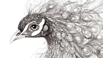 A hand-drawn peacock head with intricate zentangle patterns.