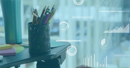 Aufkleber - Animation of financial data processing over desk with computer in office