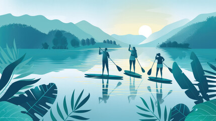 Three paddleboarders glide across a calm lake as the sun rises behind distant mountains, reflecting on the water's surface