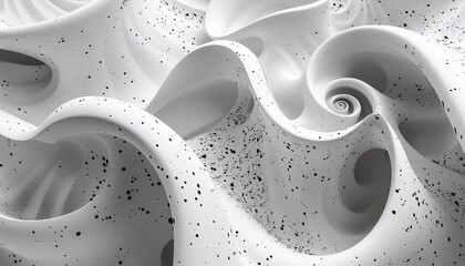 Dynamic 3D render of fluid white gradient curves forming a spiral pattern with black speckles