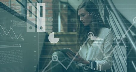 Poster - Animation of financial data processing over caucasian businesswoman in office