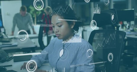 Poster - Animation of financial data processing over asian businesswoman in office