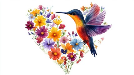 Poster - A colorful bird with heart shaped wings and flowers in the background, AI