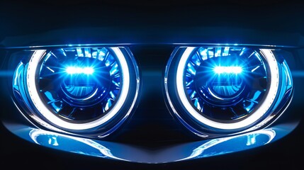 Automotive light, glow transport led spotlight. Glowing white, blue headlight on a transparent dark background. -