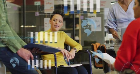 Poster - Animation of financial data processing over diverse creative business people in office