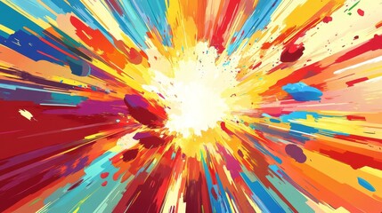 A line art illustration featuring a star explosion displaying a vivid display of colors, particles, and rays on an abstract background