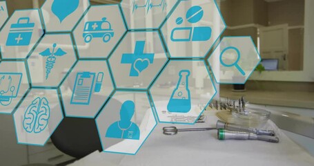 Poster - Animation of network of medical icons over doctor's surgery