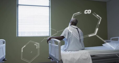 Poster - Animation of scientific data processing over african american man in hospital bed