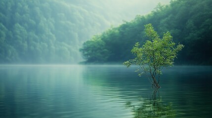 Canvas Print - Solitary Tree Growing in a Still Lake with a Misty Background