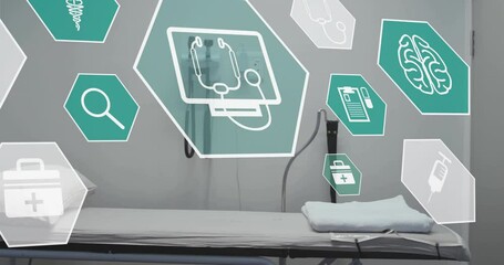 Poster - Animation of network of medical icons over hospital bed