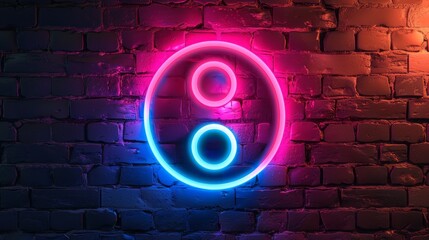 Wall Mural - Glowing neon Yin Yang symbol of harmony and balance icon isolated on brick wall background -