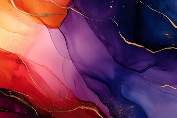 Featuring vibrant colors and gold accents that include splashes of stains and artistic lines, this background illustration displays alcohol ink patterns and vibrant colors