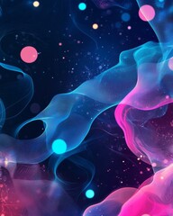 Poster - In a dynamic graphic design, curved neon lines in pink and blue shades are blended with colorful geometric shapes