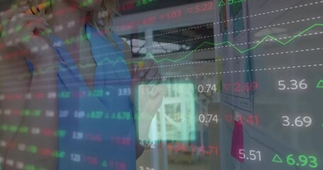 Poster - Animation of financial data processing over caucasian businesswoman in office