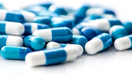 Blue and white medical capsules scattered on a white surface