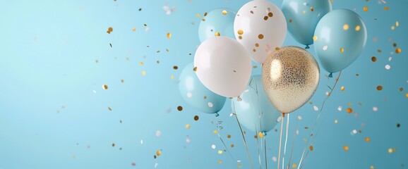 Poster - Festive balloons with gold and blue colors against a light blue background for celebration