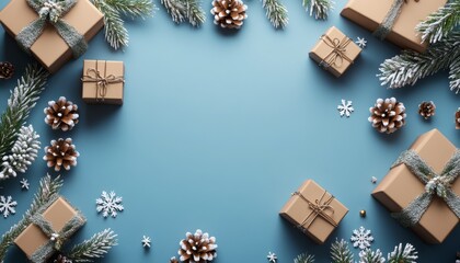 Wall Mural - Festive arrangement of decorative gifts, pinecones, and snowflakes on a blue background