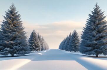 Wall Mural - Snow-covered pathway lined with evergreen trees on a clear winter day