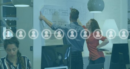 Poster - Animation of network of people icons over diverse business people in office