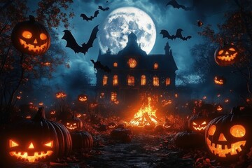 halloween scene horror background with creepy pumpkins of spooky halloween haunted mansion Evil houseat night with full moon 