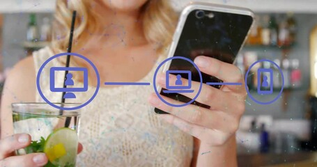 Poster - Animation of globe of network of connections over caucasian woman using smartphone