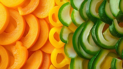 Slices of colorful bell peppers and zucchini create a vibrant food background, perfect for designs