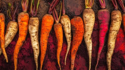 Wall Mural - Colorful freshly harvested carrots are lying on rustic background, showcasing the beauty of nature's bounty. The vibrant hues and earthy textures create a visually appealing display