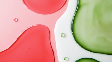 Poster - Abstract background of water drops forming interesting shapes and textures in green and red on a pastel pink background
