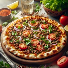 Isolated, baked pizza crust with mozzarella cheese, tomato sauce, and fresh basil leaves