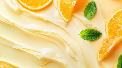 Poster - Fresh mint leaves and orange slices are sitting on a bed of orange cream, creating beautiful swirls. This image is perfect for food bloggers and businesses looking for high-quality visuals