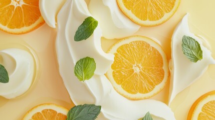 Indulge in a refreshing dessert with whipped cream, orange slices, and mint leaves. Perfect for summer or spring parties, this sweet treat is delicious, healthy, and organic