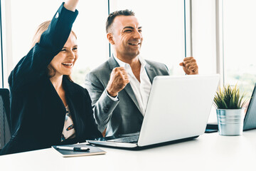 Wall Mural - Businessman executive is in meeting discussion with a businesswoman worker in modern workplace office. People corporate business team concept. uds