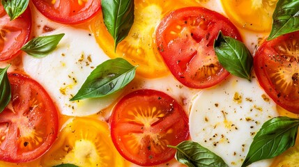 Top view showcasing the texture of a delicious pizza margherita with melted mozzarella, juicy tomatoes, and fresh basil leaves