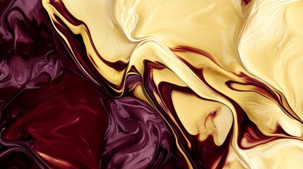 Poster - Swirling liquid gold and burgundy paint create a captivating abstract pattern with a dynamic flow, forming a modern backdrop that is smooth and shiny