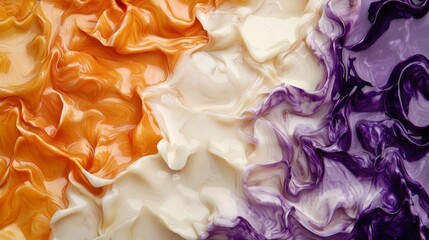 Poster - Vibrant orange, white, and purple cosmetic cream blend into a soothing, visually stunning background. Perfect for beauty and spa concepts