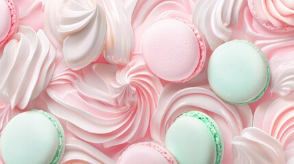 Pink and green macarons are laying on a pink whipped cream background, creating a sweet and tempting visual perfect for food-related projects