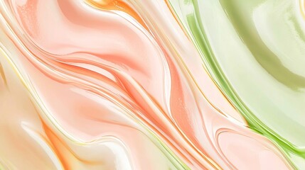 Wall Mural - Abstract fluid art painting in pastel colors, delicate pink, green and orange hues mixing together creating unique wavy pattern