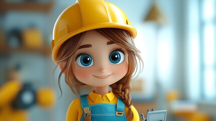 Cute cartoon construction girl smiling in hardhat and uniform