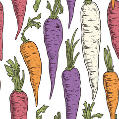 Colorful carrots - seamless pattern. Doodle artwork style