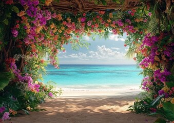 Sticker - Breathtaking tropical beach view through vibrant flowering arch, offering a serene escape with crystal clear turquoise ocean waters