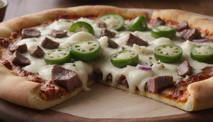 Wall Mural - steak pizza with green peppers, onions, and cheese