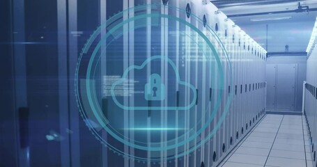 Poster - Animation of padlock and cloud icon and digital data processing over computer servers